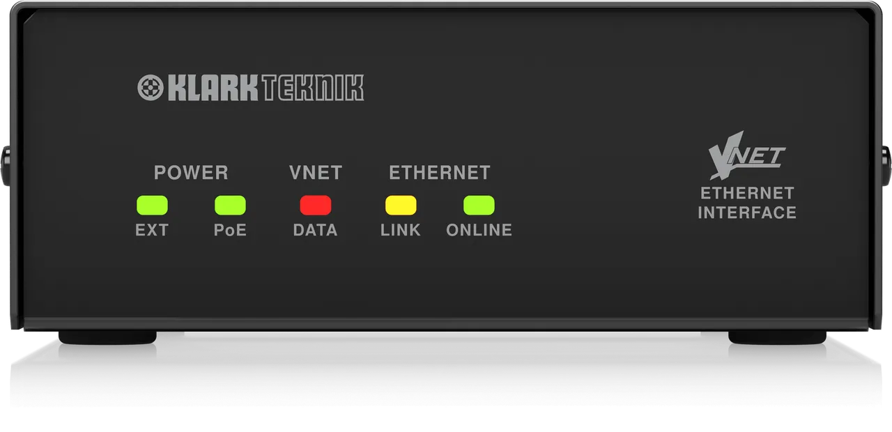 VNET Ethernet Interface passerelle PoE 1 km — face avant boîtier acier montable en rack avec LEDs d'état et port Ethercon